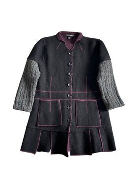 Little Journeys Women Sz M 100% Merino Wool Coat /Knit Sleeves Button Front